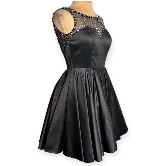 Sherri Hill Black Satin Fit and Flare Dress with bead and sequin embellishments - Picture 4 of 10
